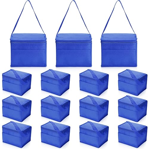 Nuogo 15 Pack Insulated Lunch Bags Bulk, Blue, Basic Style | Reusable Cooler Boxes for Work School Picnic Beach, Leakproof Waterproof Thermal Set, Insulated Food Carriers