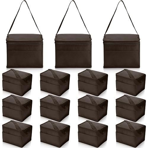 Nuogo 15 Pack Insulated Lunch Bags Bulk, Brown, Basic Style | Reusable Cooler Boxes for Work School Picnic Beach, Leakproof Waterproof Thermal Set, Insulated Food Carriers