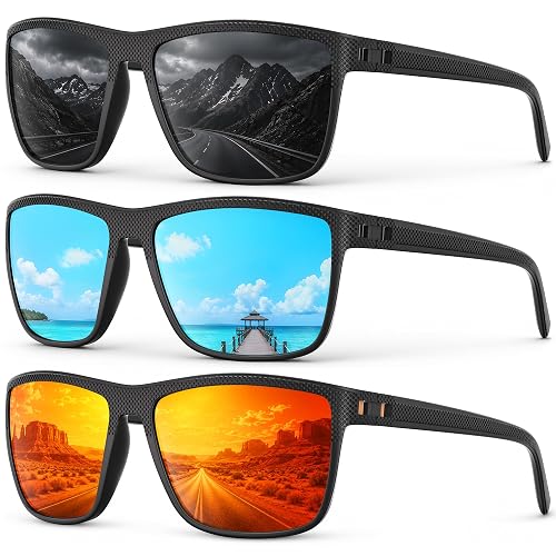 Fanshen Square Polarized Sunglasses for Men, 3 Pack Lightweight UV Protection Sun Glasses for Driving Fishing Golf
