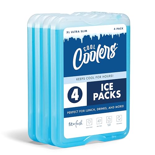 Cool Coolers by Fit & Fresh 4 Pack XL Slim Ice Packs, Quick Freeze Space Saving Reusable Ice Packs for Lunch Boxes or Coolers