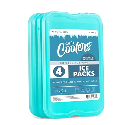 Cool Coolers by Fit & Fresh 4 Pack XL Slim Ice Packs, Quick Freeze Space Saving Reusable Ice Packs for Lunch Boxes or Coolers