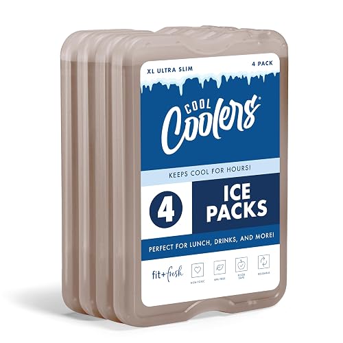 Cool Coolers by Fit & Fresh 4 Pack XL Slim Ice Packs, Quick Freeze Space Saving Reusable Ice Packs for Lunch Boxes or Coolers