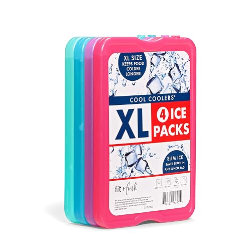 Cool Coolers by Fit & Fresh 4 Pack XL Slim Ice Packs, Quick Freeze Space Saving Reusable Ice Packs for Lunch Boxes or Coolers