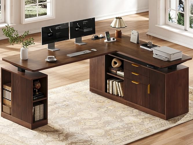Curlaky L Shaped Electric Standing Desk - Fluted 69" Executive Desk | Height Adjustable, Storage Shelves, Wood Corner Computer Desk with 3 Drawers and Power Outlets for Home Office, Walnut