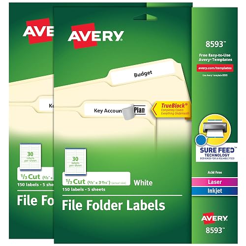 Avery® File Folder Labels with TrueBlock® Technology, Permanent Adhesive, 2/3" x 3-7/16", Laser/Inkjet, 2-Pack, 300 Labels Total (28593)