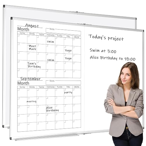 Lincia 36" x 24" Vertical 2 Month Whiteboard Calendar Dry Erase for Wall | Magnetic Planner for Fridge, Undated Planning, Aluminum Frame, Markers Included, for Home Office Projects