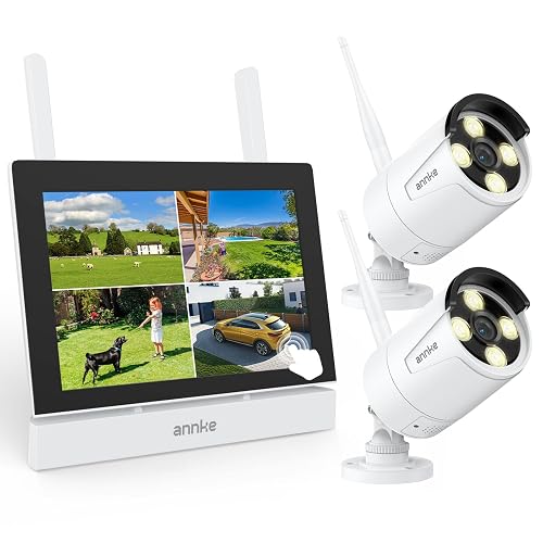 ANNKE Wireless Security Camera System, 7'' Touch Screen Monitor, 64GB SD | 2K HD 4CH WiFi NVR, 2 Wireless Outdoor Cameras, Plug & Play, Human Detection, Two-Way Audio, 100 ft Night Vision, IP66