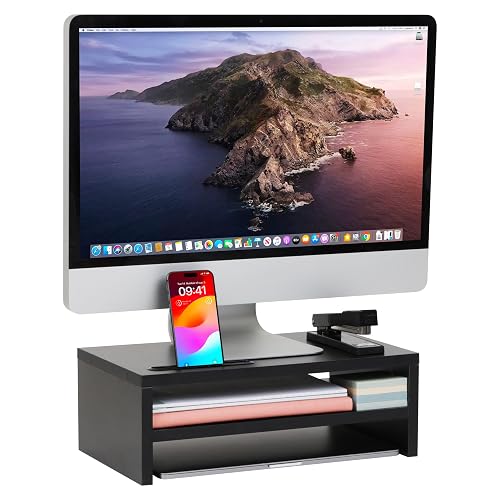 Mind Reader Monitor Stand with Phone Slot and Storage Shelf, Desktop Riser, 88 lb Capacity, MDF Wood, Black