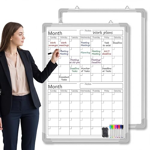 Lincia 36" x 24" Magnetic Vertical 2 Month Dry Erase Calendar for Wall Undated Horizontal Dry Erase Wall Calendar Planner Aluminum Frame Whiteboard for Home Office Projects Fridge