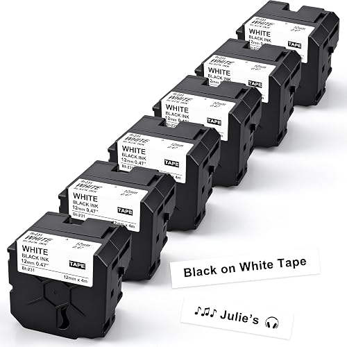 6pk Compatible with Brother Btag P-Touch Label Tape 12mm 0.47" White | Replacement for PT-N10 PT-N20 PT-N25BT Label Maker Refills, Btag231 Btag-231 Black on White 1/2in by 13.1ft (12mm x 4m)