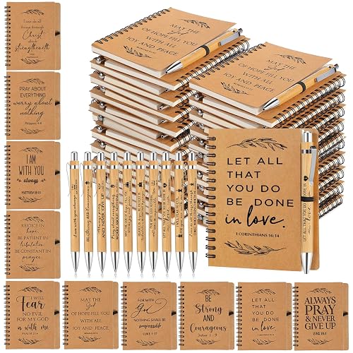 Kosiz 60 Pcs/30 Set Christian Gift Bulk Spiral Notebook and Pen, Brown | Prayer Journal Bible Verse Ballpoint Pen, Christmas Religious Gift for Church Members Study Groups, Women Men, Sunday School