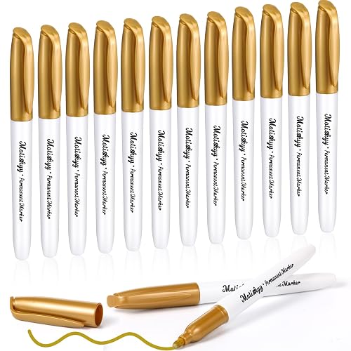 Motiskyy 12 Pcs Metallic Permanent Markers Fine Point, Gold | Paint Pens for DIY Crafts, Gift Card Making, Artist Illustration, Scrapbook Projects, Metallic Finish, Quick-drying Ink