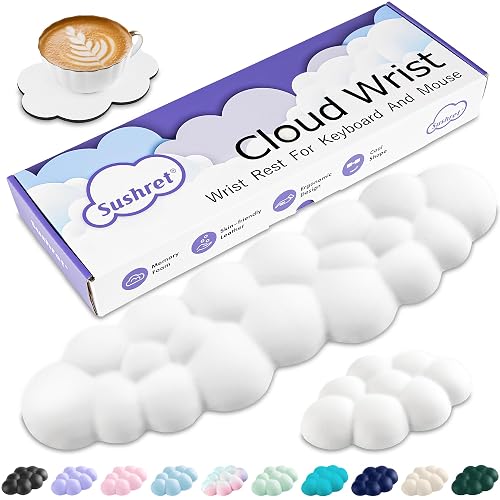 Sushret Cloud Wrist Rest Keyboard, Cloud Keyboard Wrist Pad Set with PU Leather Memory Foam, Cute Arm Rest for Palm Support, PC/Gaming Desk Accessories/Office Setup/Computer Hand Cushion - White