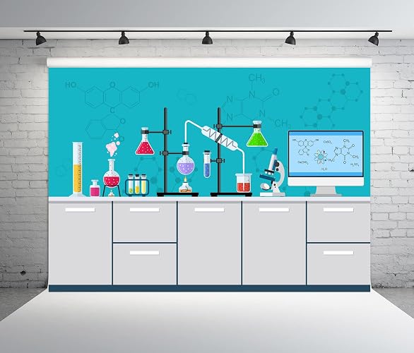 BELECO Chemical Science Birthday Party Backdrop 10x6.5ft Fabric Cartoon Chemistry Lab Equipment Science Research Background for Kids Science Party Decorations Mad Scientist Party Banner Photo Props