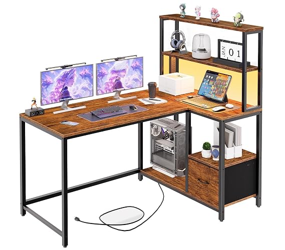 HOOBRO L Shaped Gaming Desk, 46 Inch Reversible Computer Desk with LED Light & Power Outlet, Office Desk with Storage Shelves & Drawer, for Home Office, Study, Rustic Brown and Black BF18UDDN01