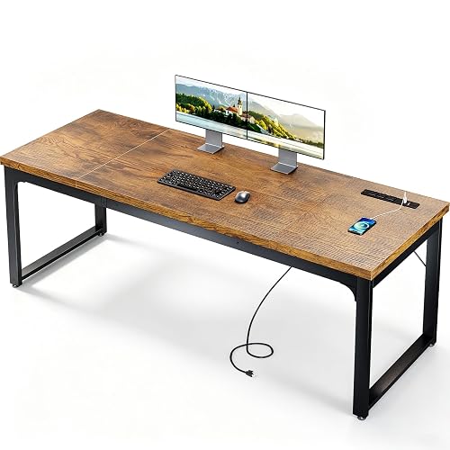 Coleshome 71 Inch Long Computer Desk with Power Outlet, Thicker Desktop & Legs, Large Heavy Duty Office Desk for Home Office & Gaming, Rustic Brown