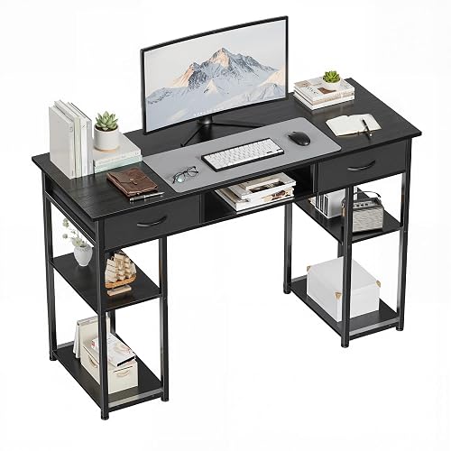 OLIXIS 48 Inch Computer Desk with Drawers for Home Study Writing Table | Home Office Desks with Storage Shelves for Bedroom Work Gaming PC Table for Small Spaces, Ink Black