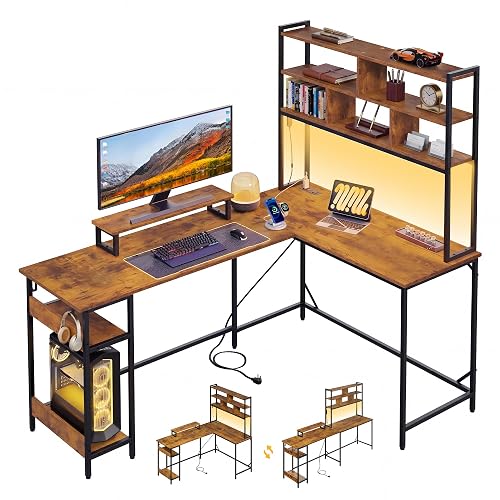 DEVAISE Computer Desk, Home Office, 66 Inch with Hutch, Rustic Brown | LED Lights, Power Outlets, Computer Desk with Monitor Stand, Office Desk