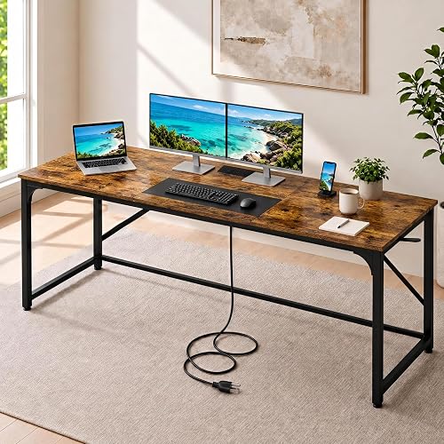 63 Inch Computer Desk with Outlets and USB-C, Large Home Office Desk | 63 x 23.6 in desktop, 4 AC outlets, 2 USB ports, USB-C, 6.6 ft cord, center support, open legroom and headphone hooks.