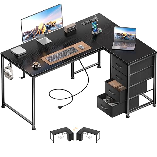 Korfile 43 Inch L Shaped Computer Desk with Power Outlets & Drawers, Black | Home Office Desk, Reversible, Corner, with USB-C Port, with Storage, with Adjustable Feet, for Work, Study, Gaming