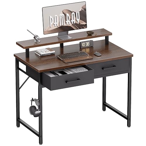 Pamray 32 Inch Small Computer Desk with Monitor Stand and 2 Drawers | Small Gaming Desk, for Bedroom Apartment and Dorm, for Study Work and Writing, Small Spaces, Sturdy, Easy Assembly