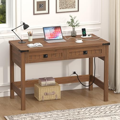 39 Inch Farmhouse Small Computer Desk with Drawers for Bedroom, Home Office | Small Office Computer Desk with 2 Drawers & Power Outlets, Compact Writing Study Desk for Small Spaces, Brown