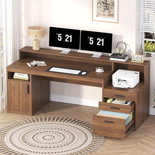 YOMILUVE 65" Computer Desk with 3 Drawers & Printer Shelf for Home Office | Office Desk with Printer Shelf & File Drawer, Executive Desk Writing Study Table with Monitor Stand, Brown