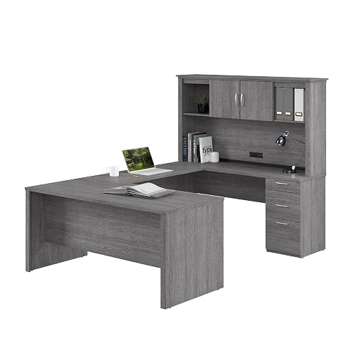 Bestar U or L Shaped Desk with Hutch and Drawers, Bark Grey, Logan, 66W | With Drawers and Hutch; The Bestar Logan U or L Shaped Desk with Drawers and Hutch offers a customizable solution