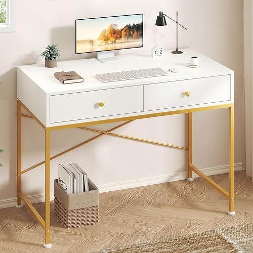 32" White and Gold Desk with Drawers, Vanity Desk for Bedroom, Home Office | Modern Simple Home Office Desks, Study Writing Desks for Small Spaces, White and Gold
