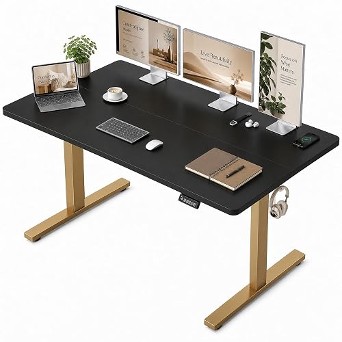 Grandder 55x32 Extra-Deep Electric Standing Desk, Wide Desktop Fits 49" Ultrawide Monitor+Dual Screens, 176 lbs Capacity, 2 Memory Presets, Anti Collision, Computer Desk, Black Top&Gold Frame