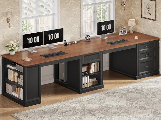 AODEMOKO 94.5'' 2 Person Computer Desk with File Drawer | Double Desk with Power Strip, Home Office Desk With Open Storage Shelves, Long Writing Desk with CPU storage, Black