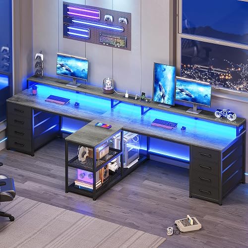 SEDETA 94.5" 2 Person Gaming Desk with 8 Drawers & Storage Shelves, Grey | Double T Shaped Office Desk with LED Lights, Power Strip with USB & Monitor Stand for Home Office, Bedroom