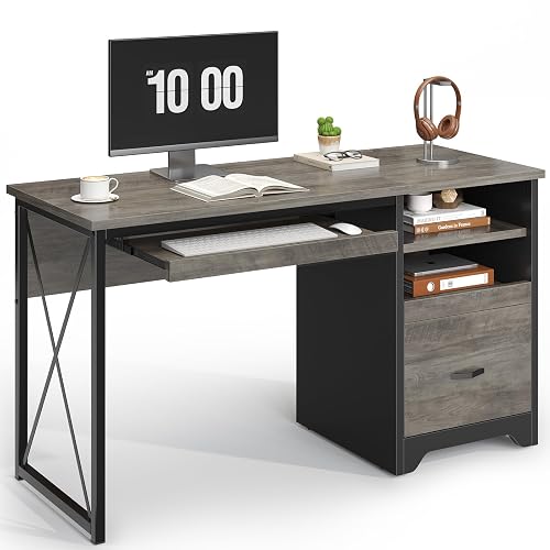 RSPGAME 47 Inch Industrial Computer Desk with Drawers | Home Office Desk with Keyboard Tray & Storage Cabinet, Rustic Brown Home Office Desk