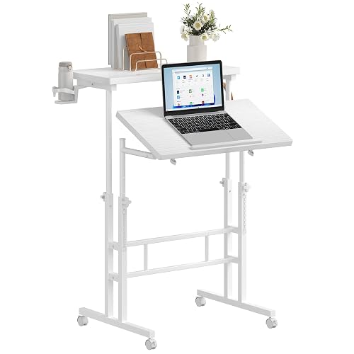 DUMOS Rolling Standing Desk, Walking Pad Desk, Split Top Computer Cart | Standing Desk with Wheels, Adjustable Height Computer Table, Mobile Laptop Workstation for Home Office, Pearl White