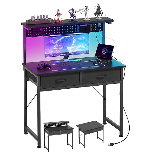 MUTUN Small Desk with Drawers, 31 Inch Computer Desk with Power Outlet & LED Light, Gaming Desk with Adjustable Monitor Stand & Pegboard, Modern PC Study Writing Table for Bedroom, Black