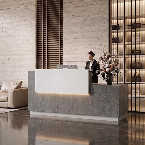 86.6" Modern Reception Desk with 6 Drawers,Power Outlets, LED Lights | Cable Management, Large Front Counter for Office, Salon and Clinic