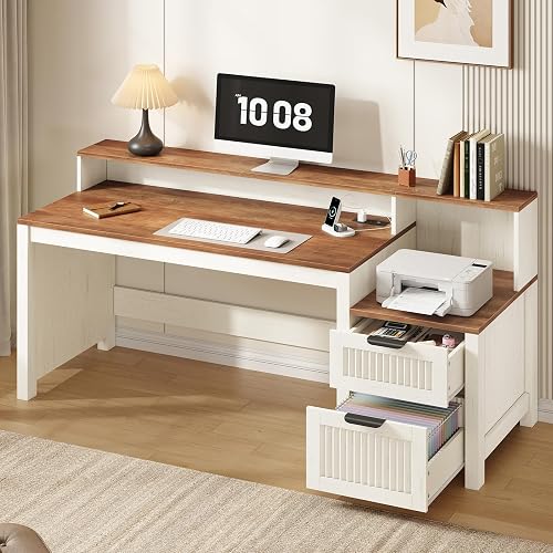 63" Fluted Computer Desk with Drawers & Printer Stand for Home Office | Farmhouse Executive Desk with File Drawer & Storage Shelves, Office Desk with Power Outlets and Monitor Stand, Brown & White