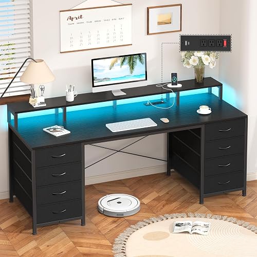 60" Computer Desk with 8 Drawers & Monitor Stand for Home Office, Bedroom | Gaming Desk with LED Lights & Power Outlets, Home Office Desk with 8 Fabric Drawers, Black