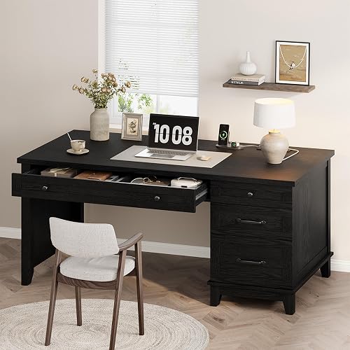SLEKVERSA 53.5" Farmhouse Home Office Desk with File Cabinet, Wooden Executive Desk with Power Outlet, Work Desk with Drawers, Traditional Wood Desk for Home and Office, Black