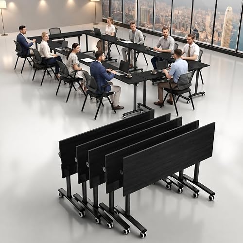 YICOCHI 55″ Flip Top Training Table with Lockable Wheels, Mobile Nesting Folding Conference Table, Space Saving Seminar Desk for Classroom, Office, Library (12, Black, 55"×20"×30")