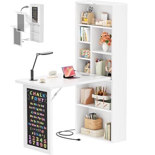 Armocity Small Folding Desk with Outlets, Fold-Out Murphy Desk Craft Table | Foldable Wall Mounted Desk Cabinet with Storage, Craft Cabinet with Fold Out Table, Multi-Function Desk for Small Spaces
