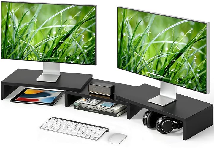 TAVR Monitor Stand Riser, Office Desktop Organizer Stand for 2 Monitors | Adjustable Length and Angle 3 Shelf, Extra Long Multifunctional Wooden Stand up to 43.3" fit Computer, Laptop, TV, Black