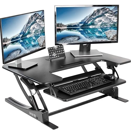 VIVO Dual Tier Standing Desk Converter, 36" Black Top | Height Adjustable, Stand Up Desk Riser, Small Front Device Slot, Wide Removable Keyboard Tray, Black Frame, DESK-V000V