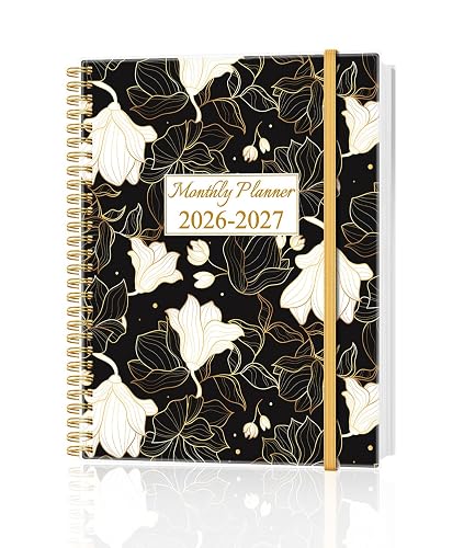 Monthly Planner 2026-2027 - Monthly Calendar from July 2026 to December 2027, 2026-2027 Planner with Inner Pocket, Elastic Band, 8.5" x 11", White Gold Flower