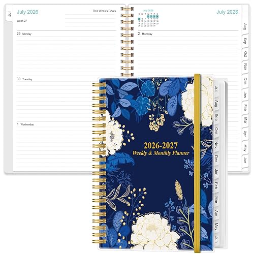 2026-2027 Planner - Planner 2026-2027 from July 2026 - June 2027, Weekly & Monthly Planner Spiral Bound with 12 Monthly Tabs, Inner Pocket, 6.4" x 8.5", Blue Flower