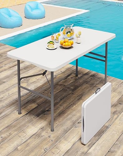 Linkriseed 4FT White Folding Table for Camping, Parties, Meeting, Picnic | 4 Foot Picnic Tables No Assembly Required Portable, Plastic Foldable Table for Indoor Outdoor Events with Carrying Handle