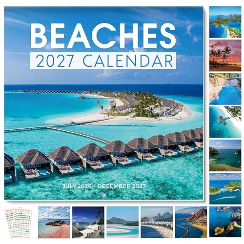 SKYDUE 2026-2027 Wall Calendar 12"x24" Opened, 18-Month Beaches Calendar from July 2026 to December 2027 with Stickers, Thick Paper Monthly Calendar for Home Office Organizing & Planning