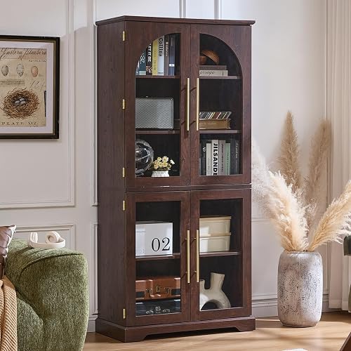 Joaxswe 68" Tall Bookcase with 4 Glass Doors, Farmhouse 5 Tire Bookshelf | 3 Tier Adjustable Shelves, Modern Living Room Display Cabinet, Large Storage Cabinet for Home Office,Dining Room, Walnut