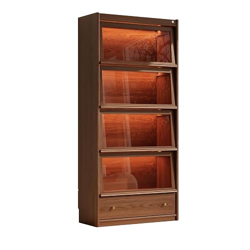 AQIMUELE Solid Wood Bookcase - 5-Tier Book case with 3 Color LED, 73.5" H x 32" W Tall Bookshelf with Clear Glass Doors and Storage Display Case Cabinet for Living Room