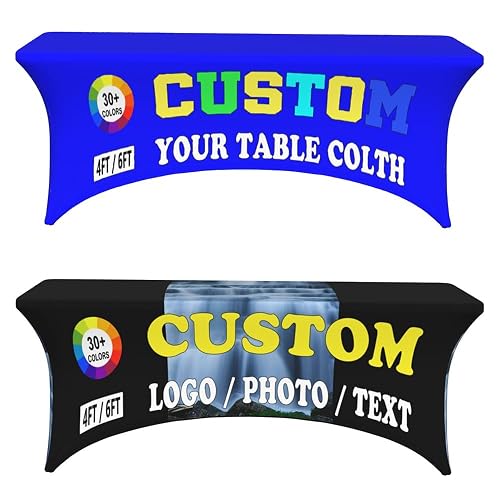 KAMXPOE Custom Table Cloth for Events Customized Spandex Table Cover Personalized Tablecloth with Business Logo, Stretch Fitted Rectangular Table Runner Machine Washable Table Protector, 6FT, Blue